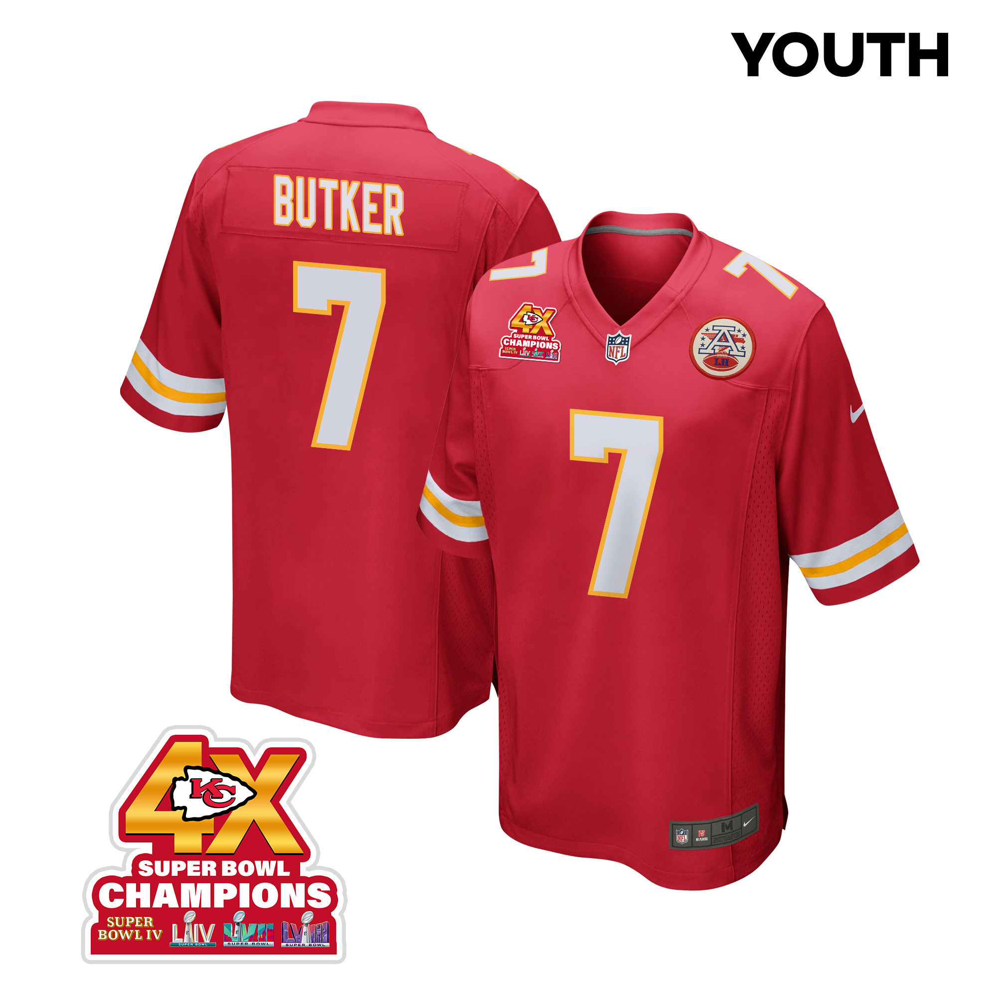 Harrison Butker 7 Kansas City Chiefs Super Bowl LVIII Champions 4X Game YOUTH Jersey - Red JS5648 nicesnker