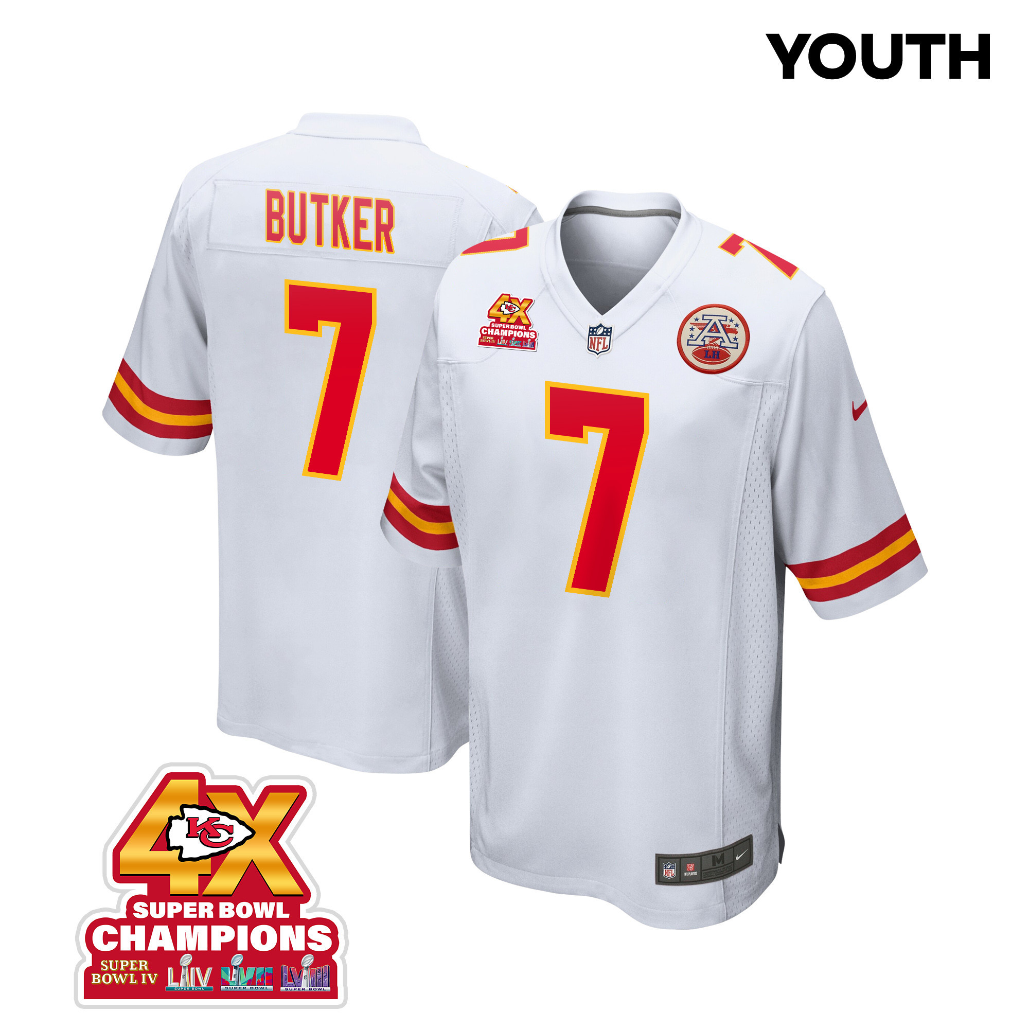 Harrison Butker 7 Kansas City Chiefs Super Bowl LVIII Champions 4X Game YOUTH Jersey - White JS1860 nicesnker