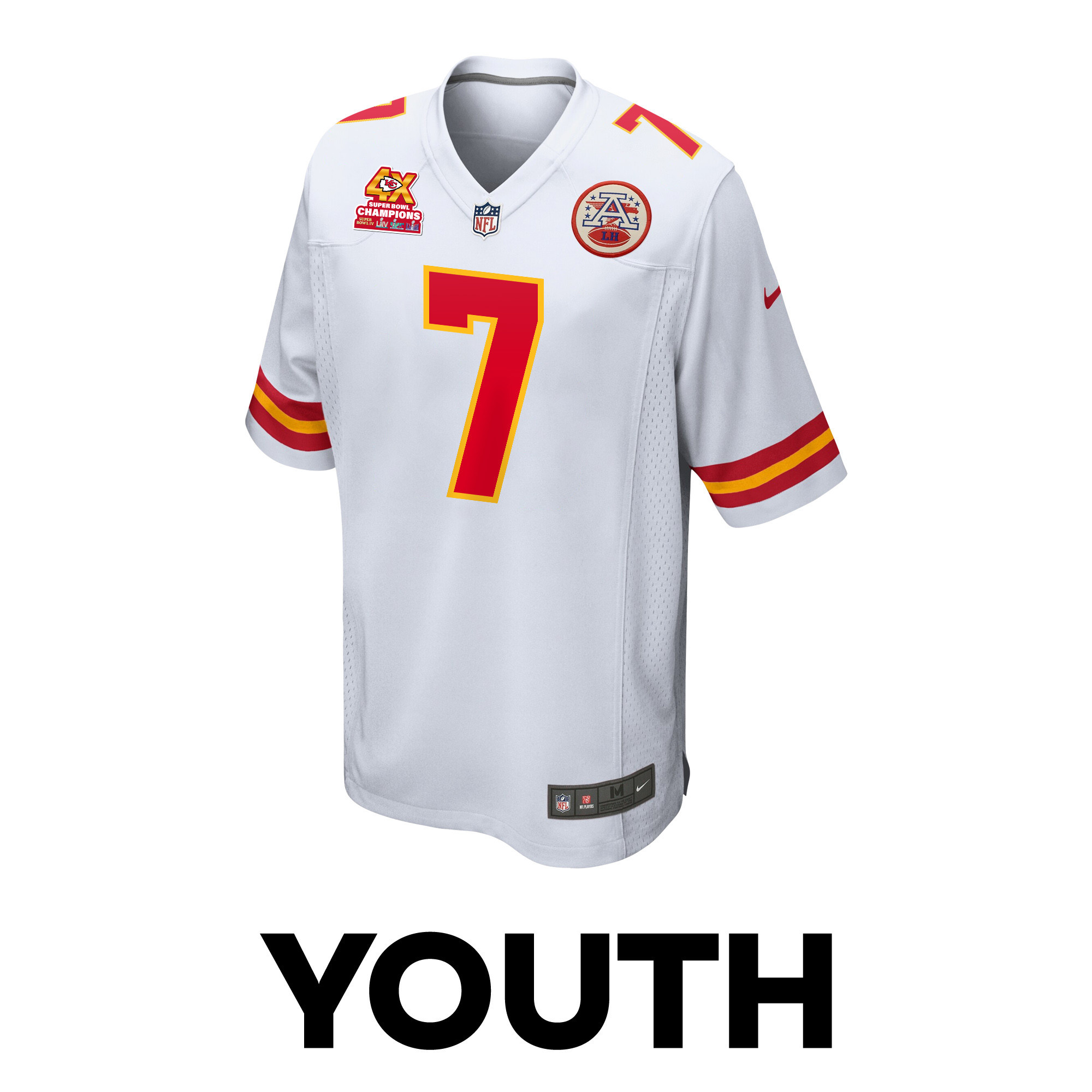 Alternative view of Harrison Butker 7 Kansas City Chiefs Super Bowl LVIII Champions 4X Game YOUTH Jersey - White JS1860 nicesnker