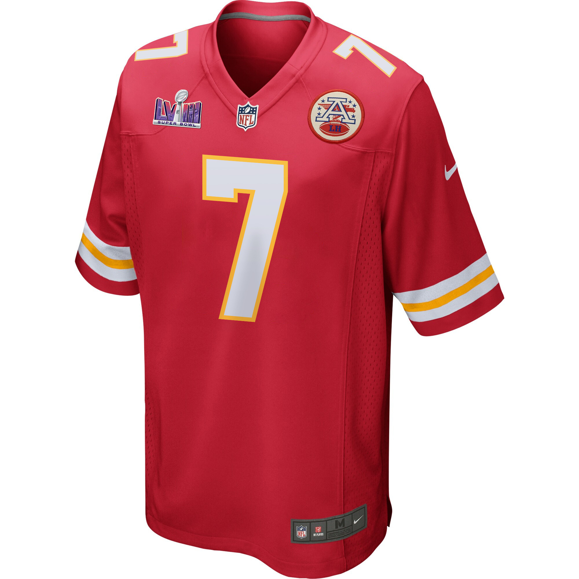Alternative view of Harrison Butker 7 Kansas City Chiefs Super Bowl LVIII Patch Game Men Jersey - Red JS5255 nicesnker