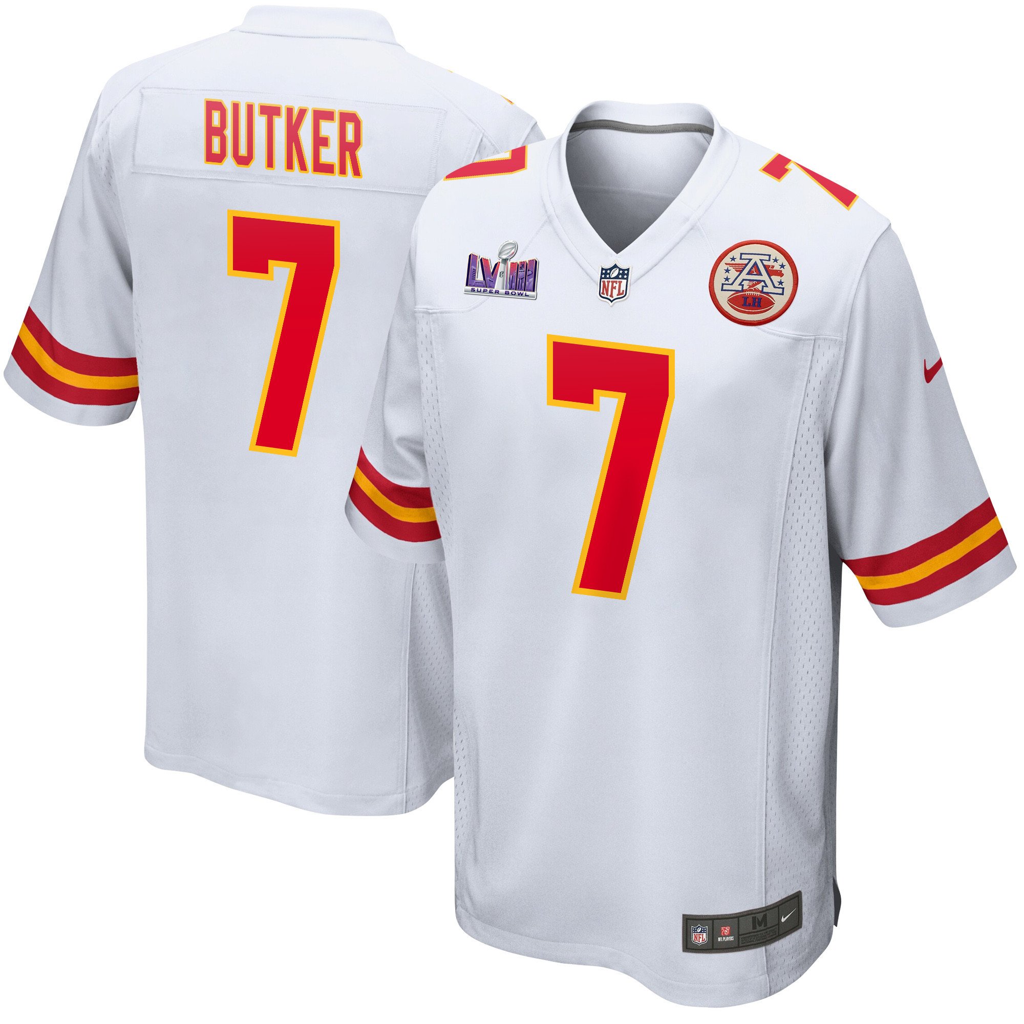 Harrison Butker 7 Kansas City Chiefs Super Bowl LVIII Patch Game Men Jersey - White JS4621 nicesnker