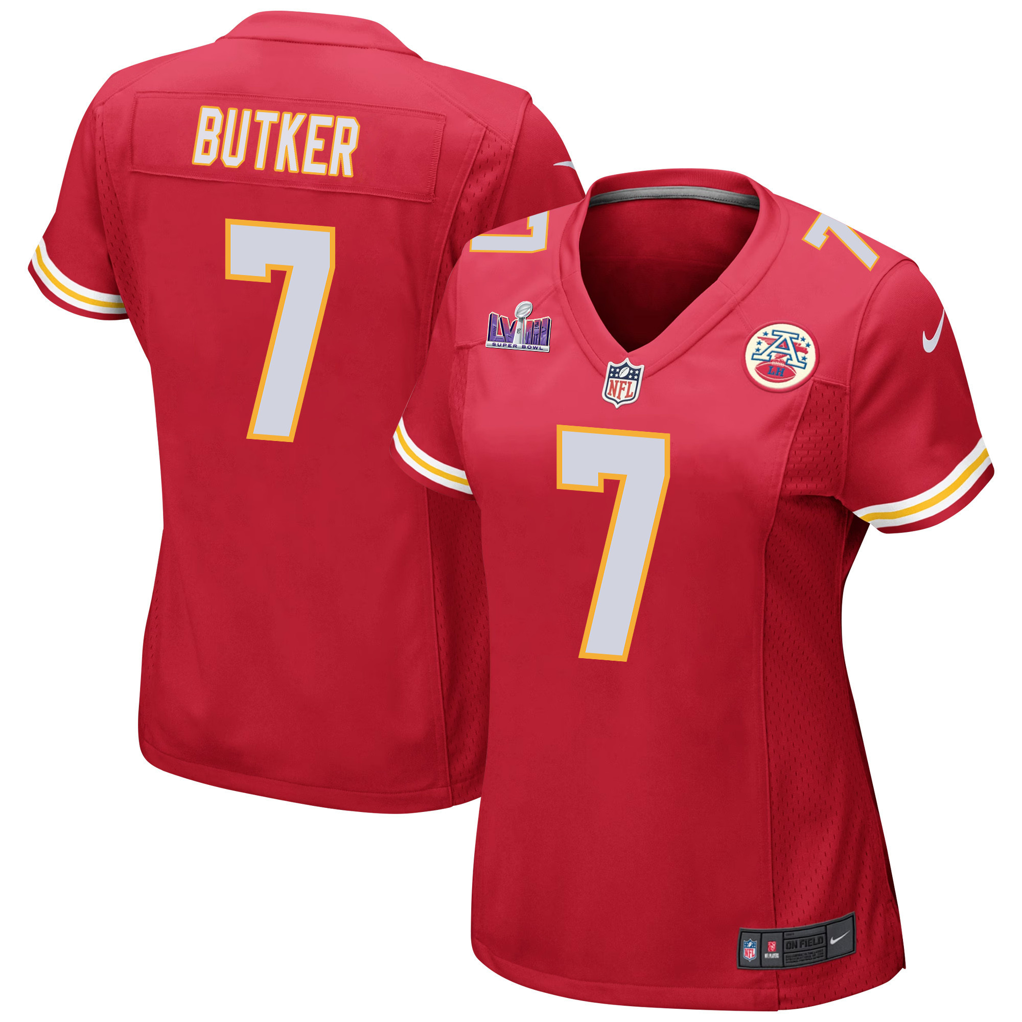 Harrison Butker 7 Kansas City Chiefs Super Bowl LVIII Patch Game Women Jersey - Red JS7917 nicesnker