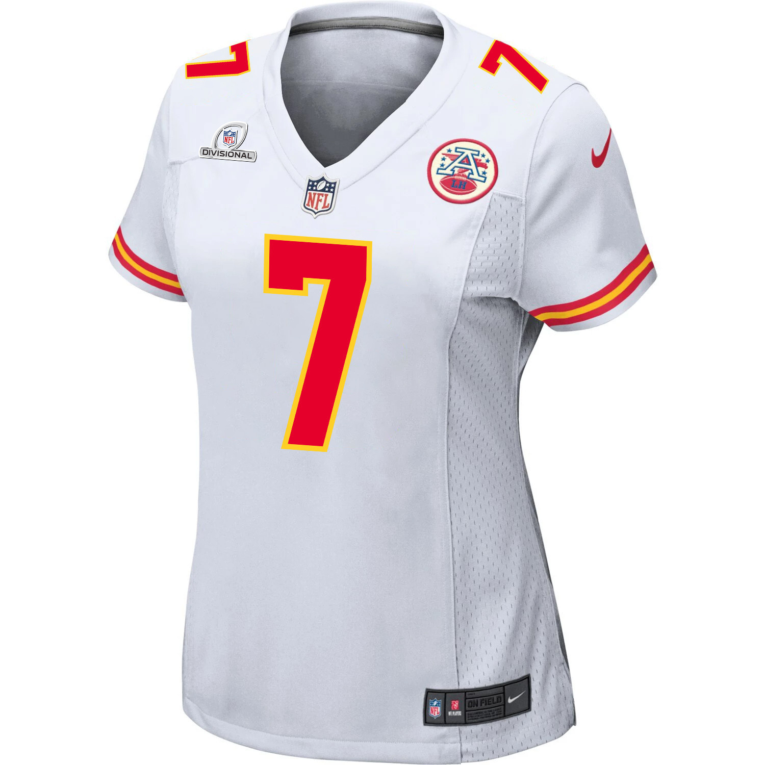 Alternative view of Harrison Butker 7 Kansas City Chiefs Super Bowl LVIII Patch Game Women Jersey - White JS8795 nicesnker