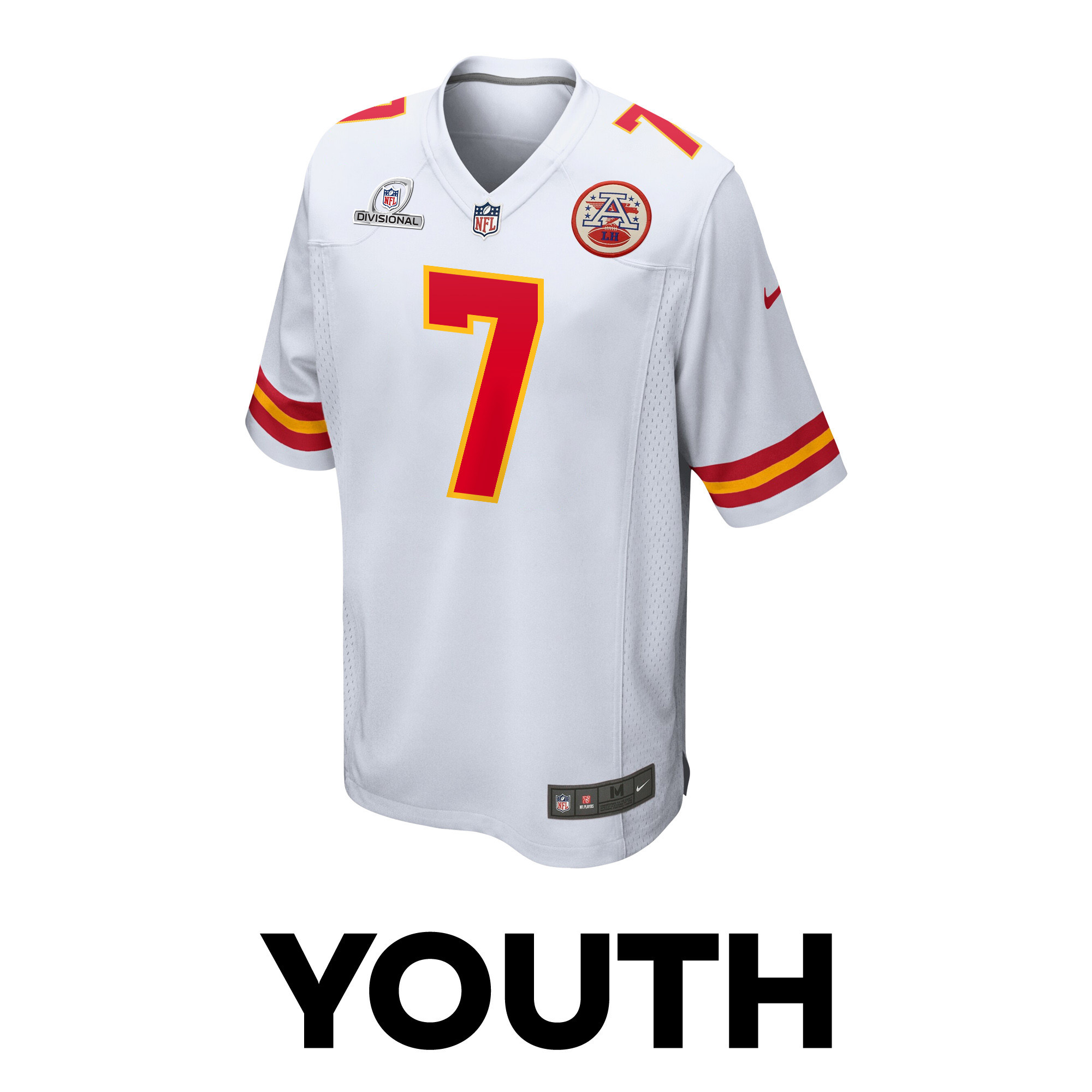 Alternative view of Harrison Butker 7 Kansas City Chiefs Super Bowl LVIII Patch Game YOUTH Jersey - White JS2829 nicesnker