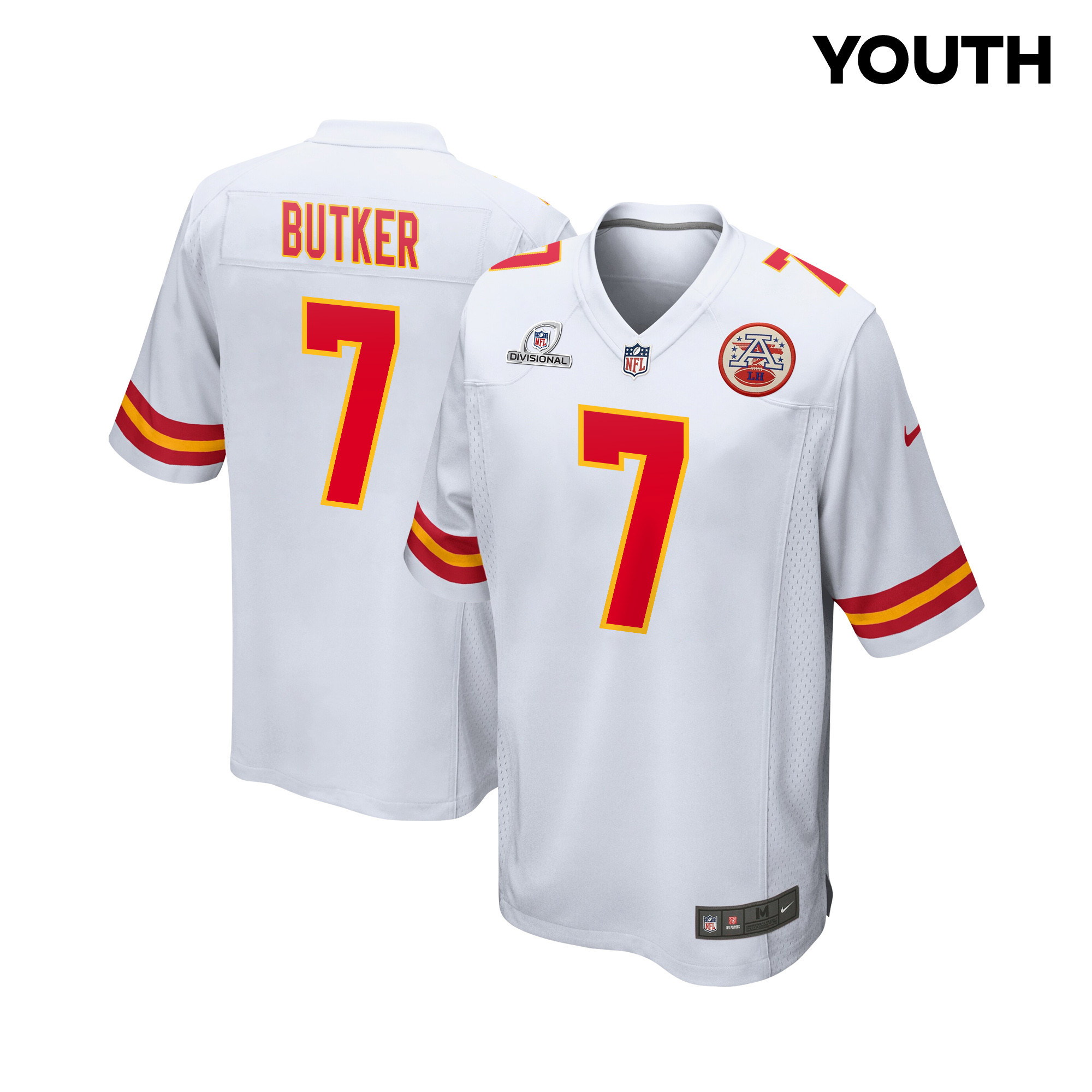 Harrison Butker 7 Kansas City Chiefs Super Bowl LVIII Patch Game YOUTH Jersey - White JS2829 nicesnker