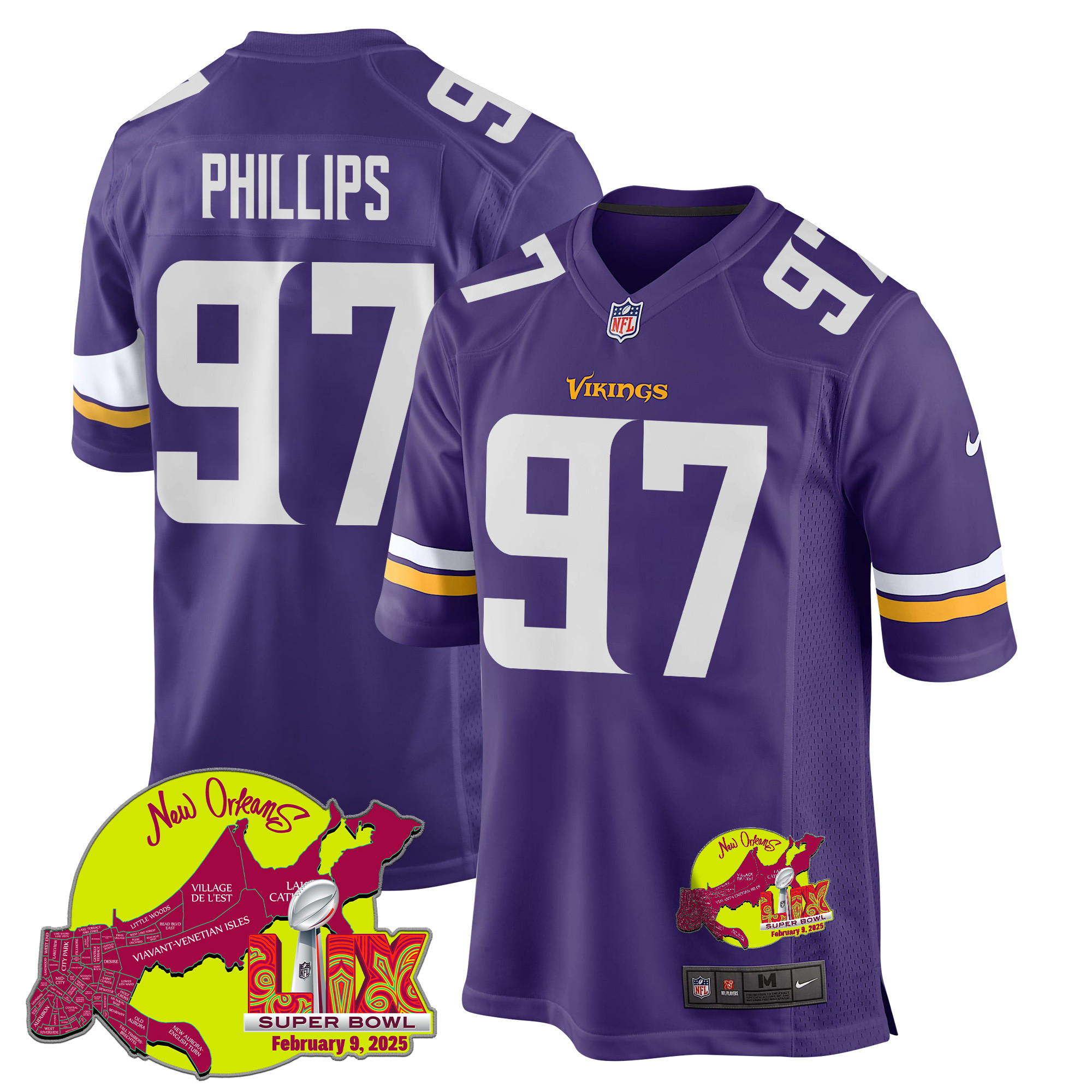 Harrison Phillips 97 Minnesota Vikings Super Bowl LIX New Orleans Patch Game Men Jersey - Purple JS9542 nicesnker