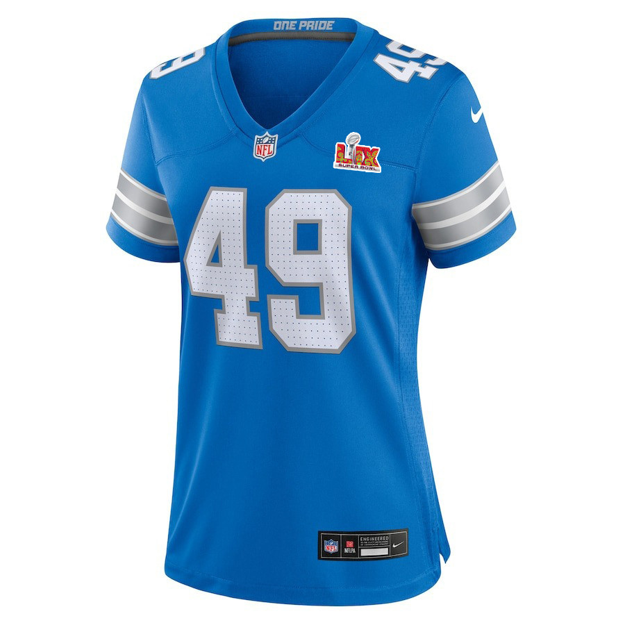 Alternative view of Hogan Hatten #49 Detroit Lions Super Bowl LIX Women's Jersey - Blue JS6960 nicesnker