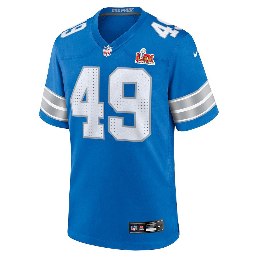 Alternative view of Hogan Hatten #49 Detroit Lions Super Bowl LIX YOUTH Jersey - Blue JS1632 nicesnker