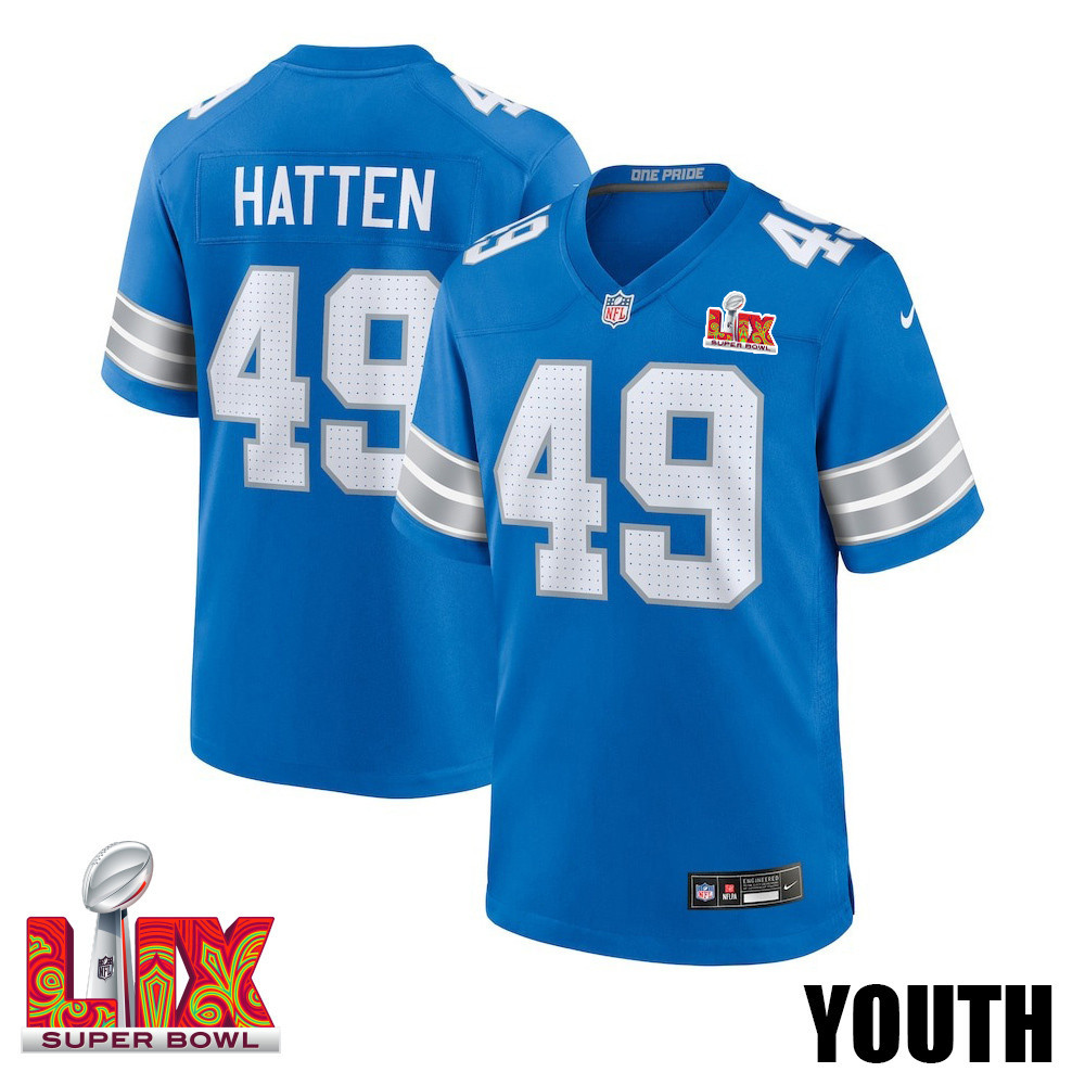 Hogan Hatten #49 Detroit Lions Super Bowl LIX YOUTH Jersey - Blue JS1632 nicesnker