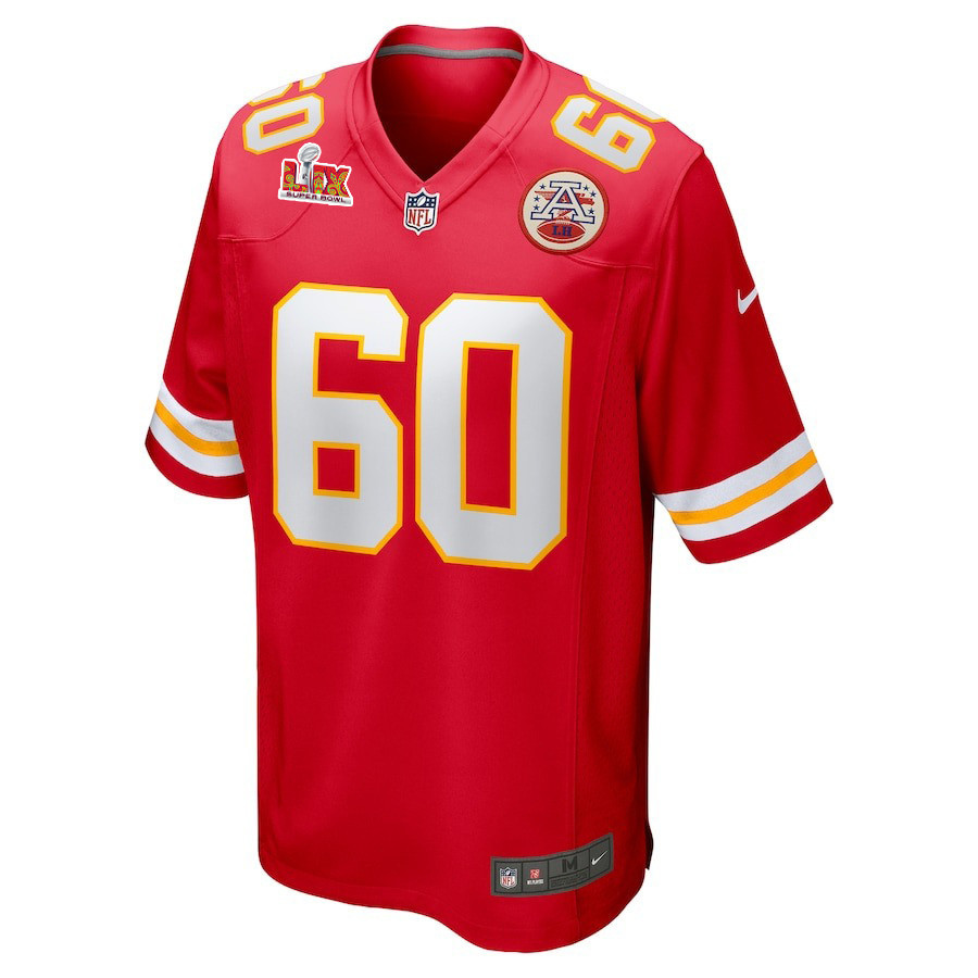 Alternative view of Hunter Nourzad #60 Kansas City Chiefs Super Bowl LIX Jersey - Men's - Red JS9132 nicesnker