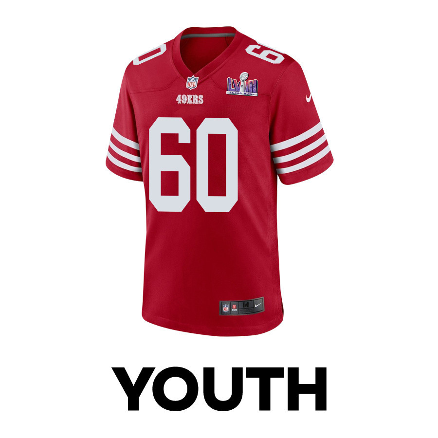 Alternative view of Ilm Manning 60 San Francisco 49ers Super Bowl LVIII Patch Game YOUTH Jersey - Scarlet JS6306 nicesnker