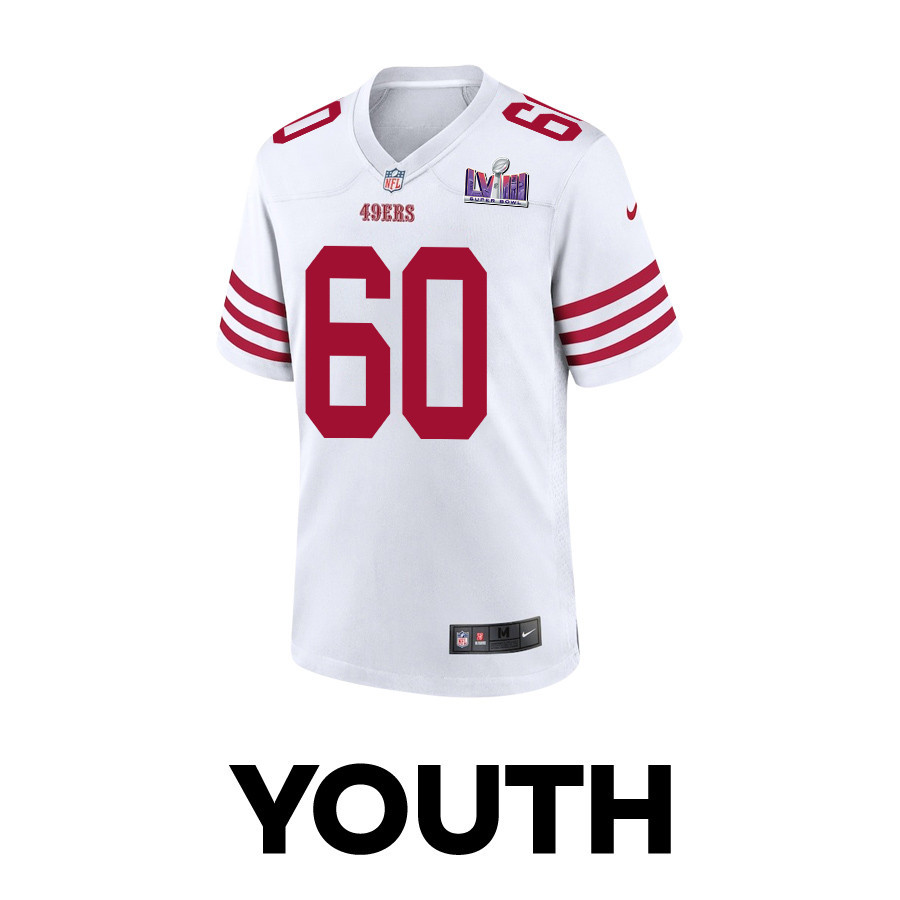 Alternative view of Ilm Manning 60 San Francisco 49ers Super Bowl LVIII Patch Game YOUTH Jersey - White JS6709 nicesnker