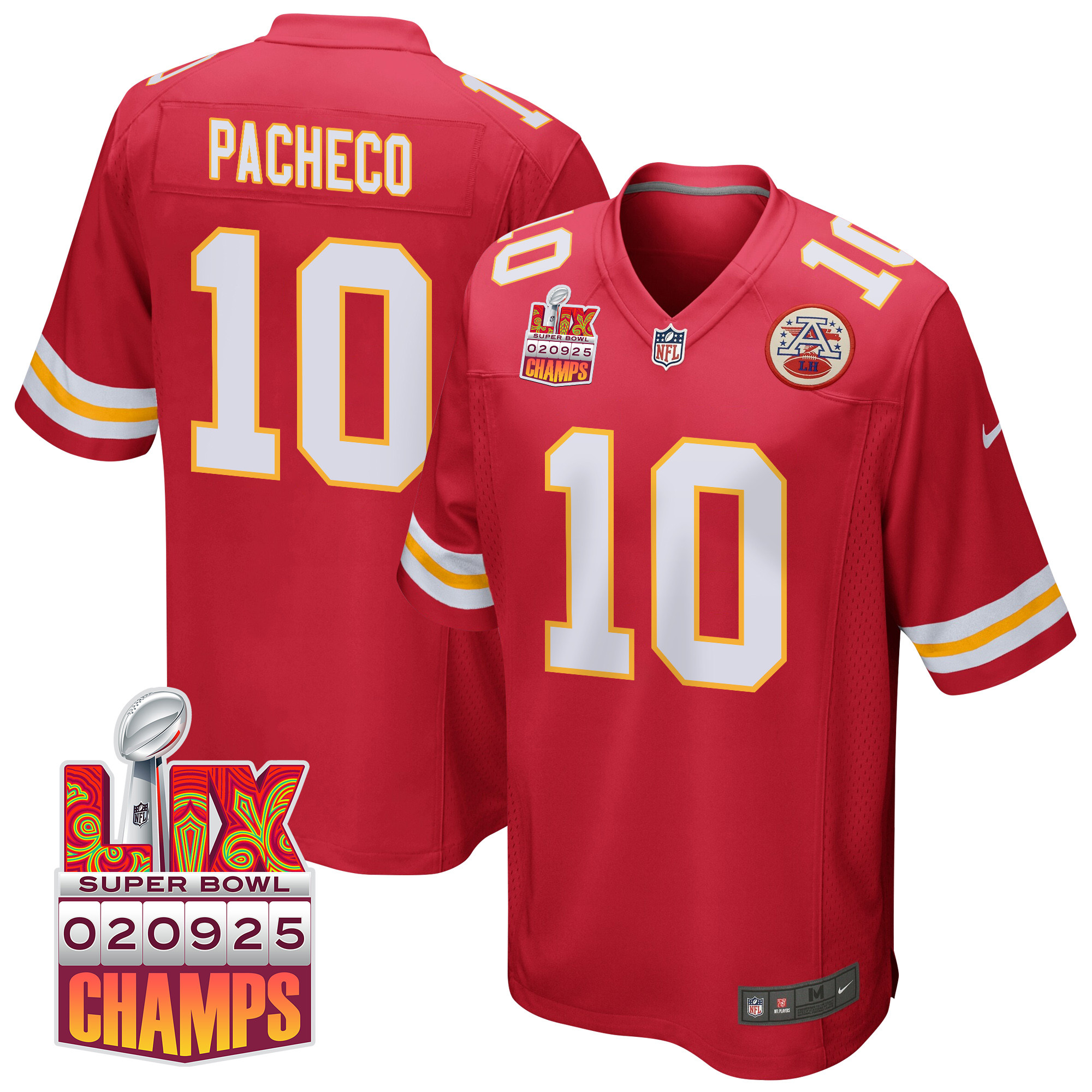 Isiah Pacheco 10 Kansas City Chiefs Super Bowl LIX Champions Patch Game Men Jersey - Red JS4983 nicesnker