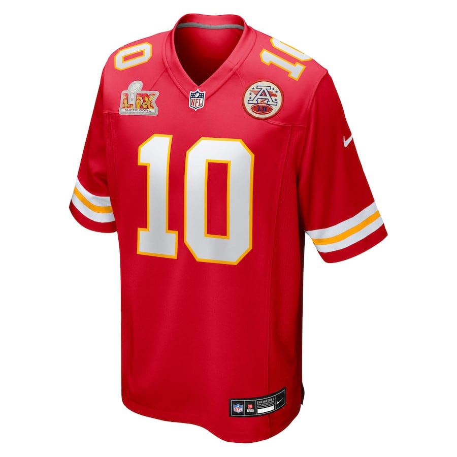 Alternative view of Isiah Pacheco 10 Kansas City Chiefs Super Bowl LIX Game Jersey - Red JS4840 nicesnker