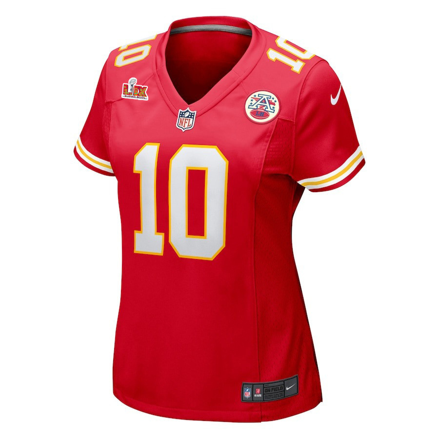 Alternative view of Isiah Pacheco #10 Kansas City Chiefs Super Bowl LIX Women's Jersey - Red JS6105 nicesnker