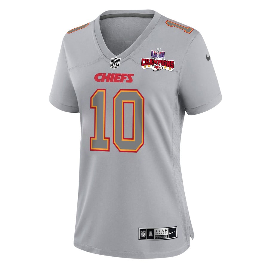 Alternative view of Isiah Pacheco 10 Kansas City Chiefs Super Bowl LVIII Champions 4 Stars Patch Atmosphere Fashion Game Women Jersey - Gray JS2770 nicesnker