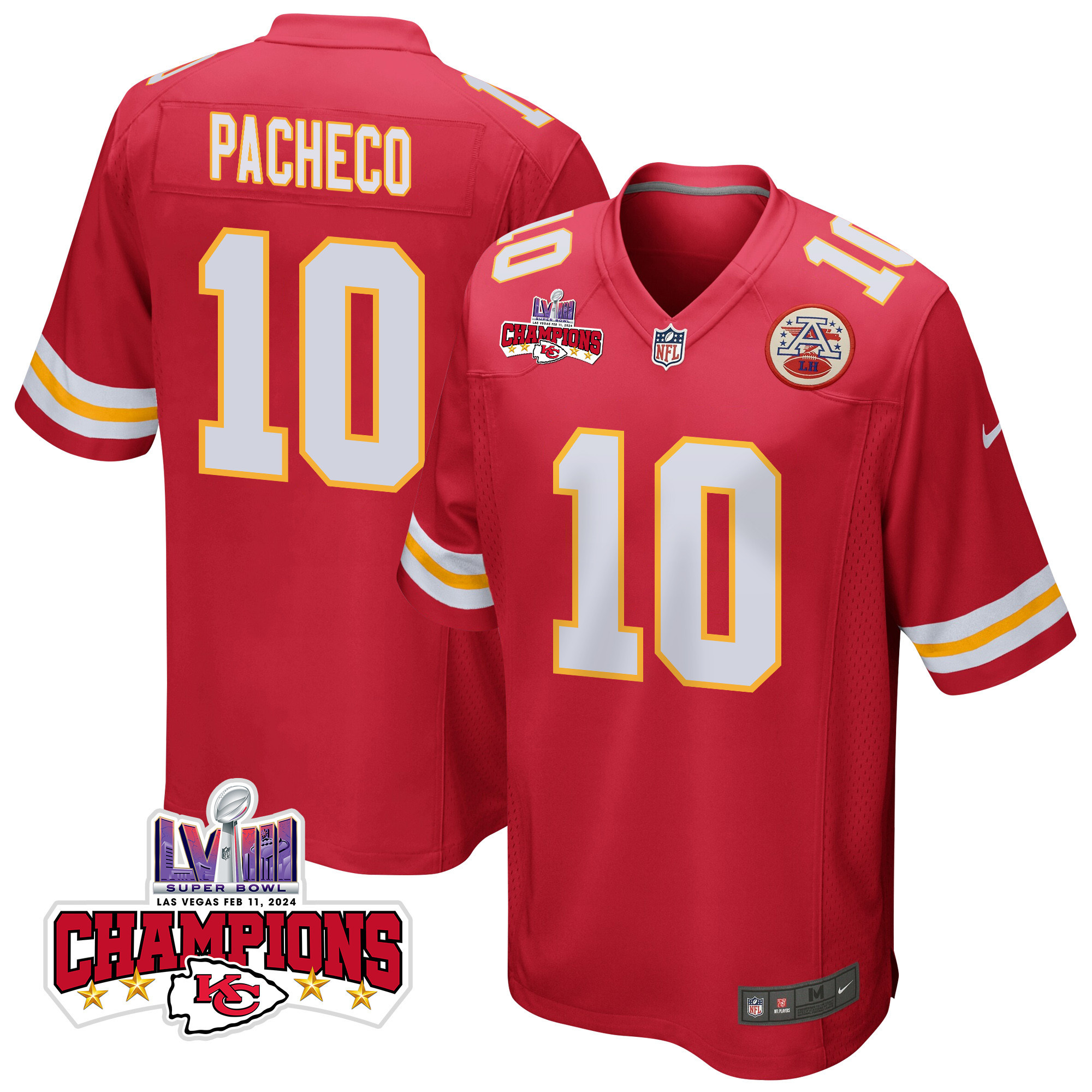 Isiah Pacheco 10 Kansas City Chiefs Super Bowl LVIII Champions 4 Stars Patch Game Men Jersey - Red JS4792 nicesnker