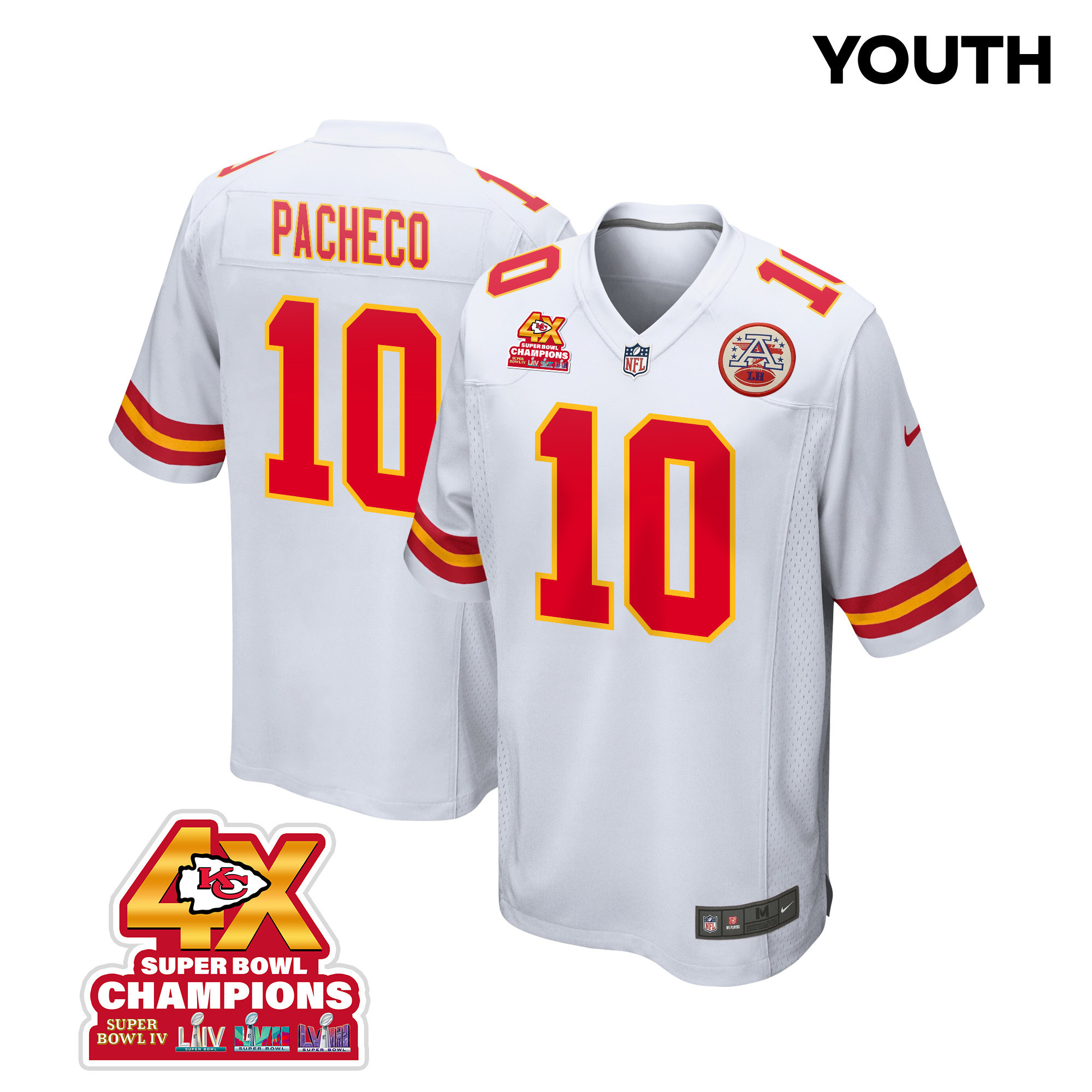 Isiah Pacheco 10 Kansas City Chiefs Super Bowl LVIII Champions 4X Game YOUTH Jersey - White JS6505 nicesnker