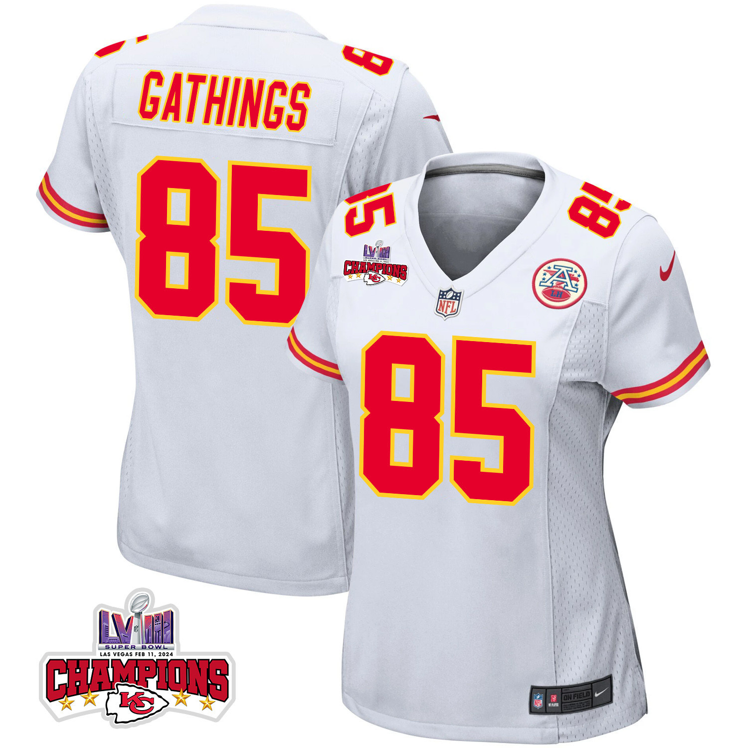 Izaiah Gathings 85 Kansas City Chiefs Super Bowl LVIII Champions 4 Stars Patch Game Women Jersey - White JS5050 nicesnker