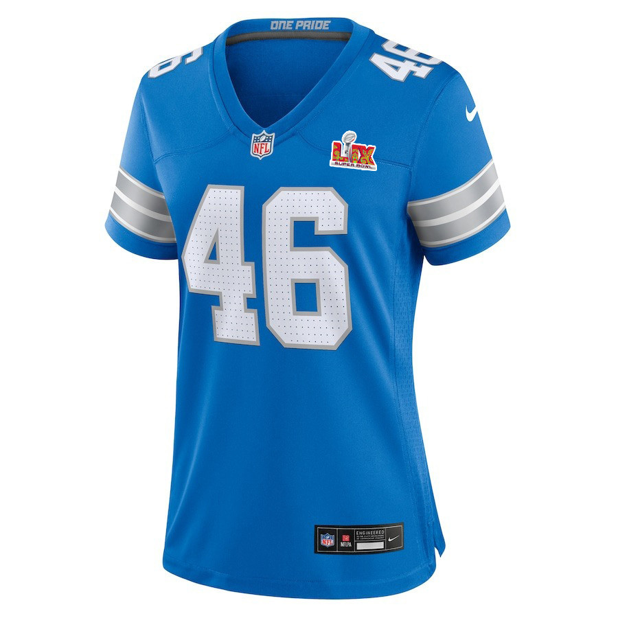 Alternative view of Jack Campbell #46 Detroit Lions Super Bowl LIX Women's Jersey - Blue JS4114 nicesnker