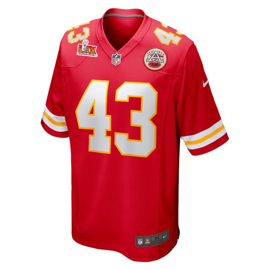 Alternative view of Jack Cochrane #43 Kansas City Chiefs Super Bowl LIX Jersey - Men's - Red JS2412 nicesnker