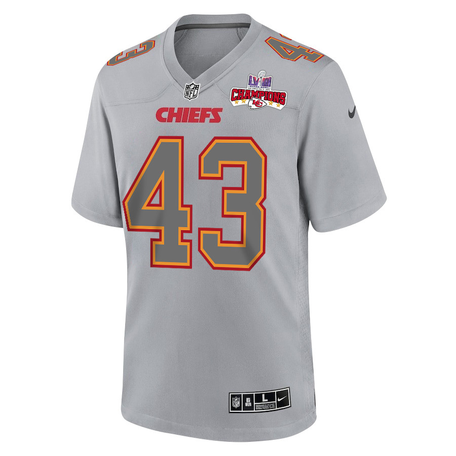Alternative view of Jack Cochrane 43 Kansas City Chiefs Super Bowl LVIII Champions 4 Stars Patch Atmosphere Fashion Game Men Jersey - Gray JS1685 nicesnker