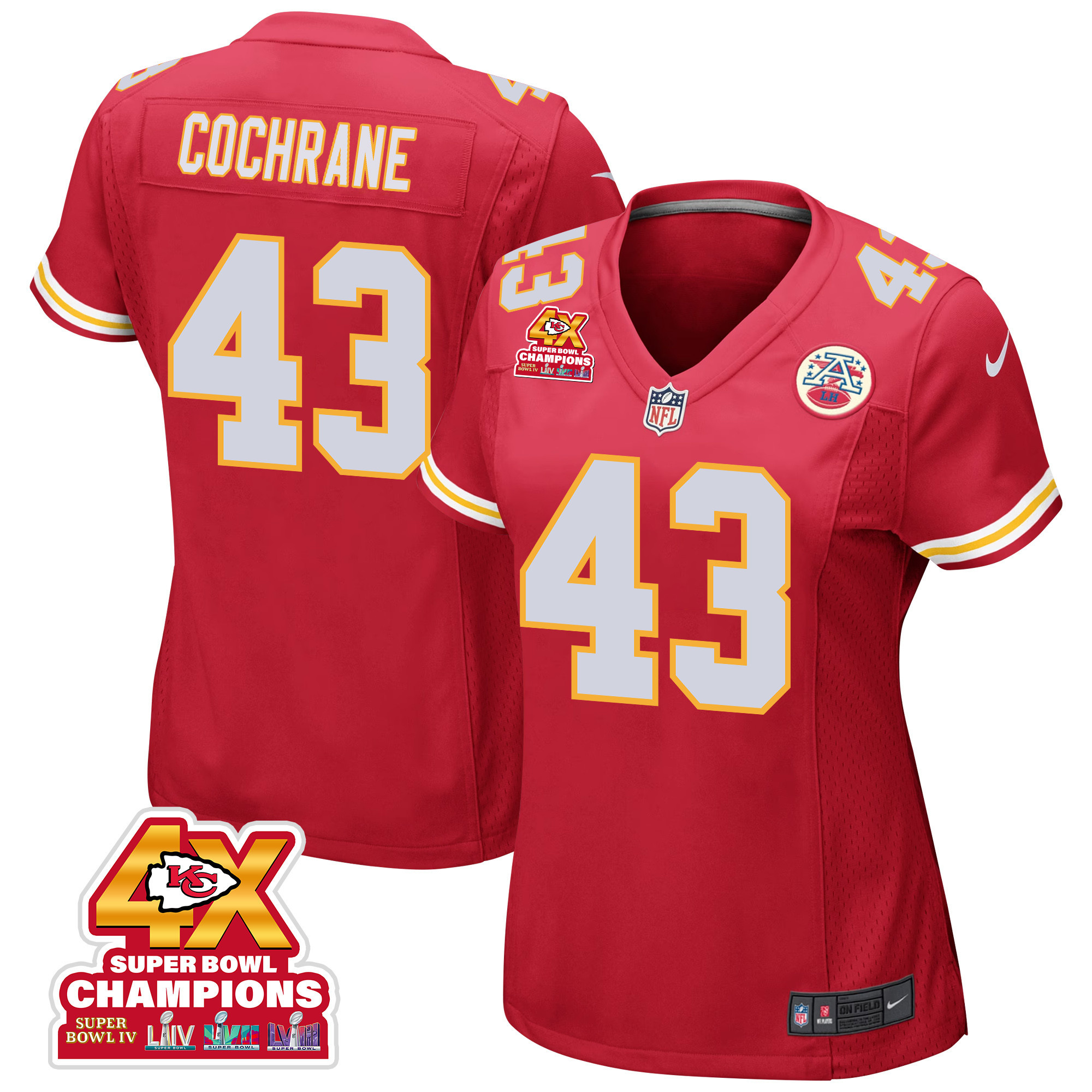 Jack Cochrane 43 Kansas City Chiefs Super Bowl LVIII Champions 4X Game Women Jersey - Red JS4857 nicesnker
