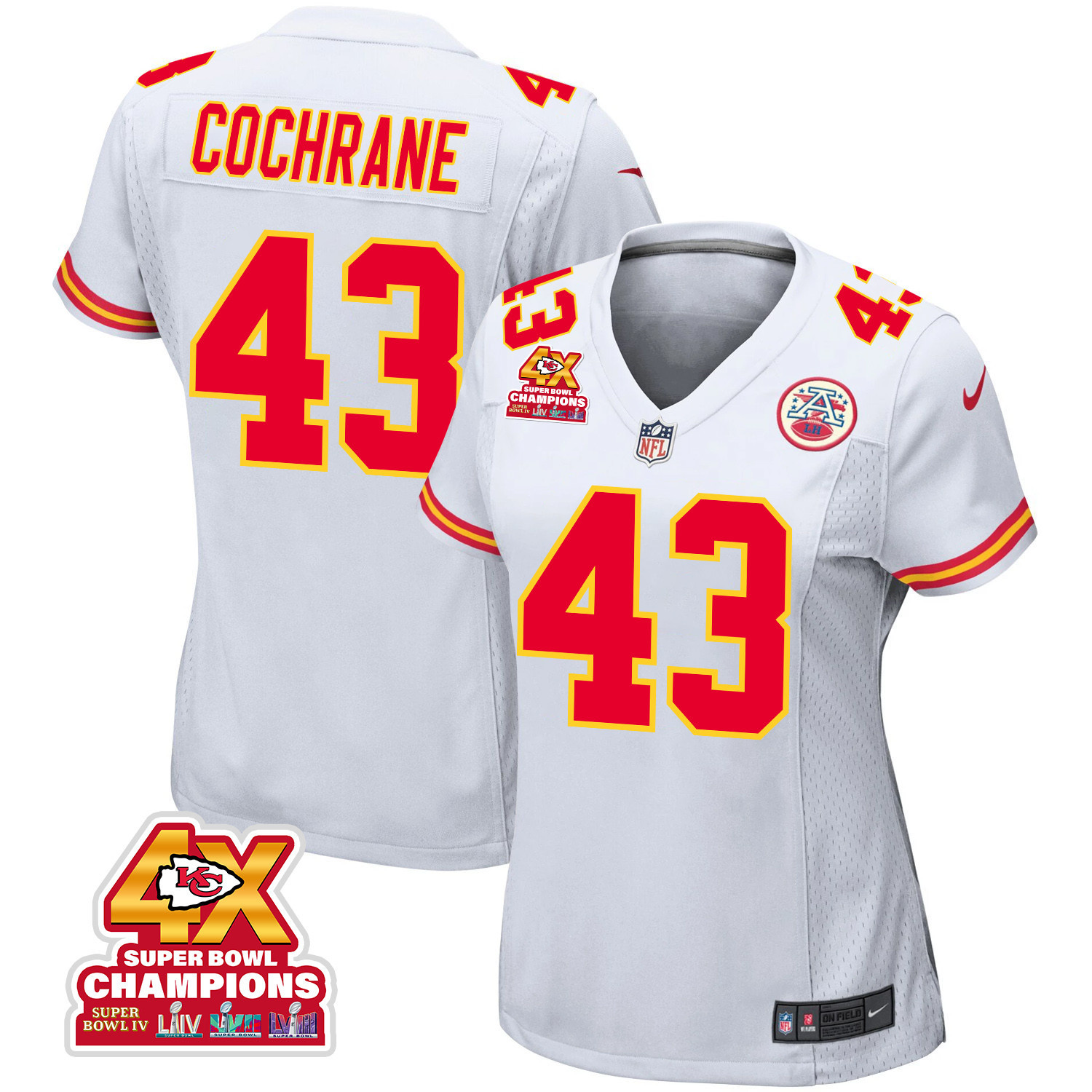 Jack Cochrane 43 Kansas City Chiefs Super Bowl LVIII Champions 4X Game Women Jersey - White JS9834 nicesnker