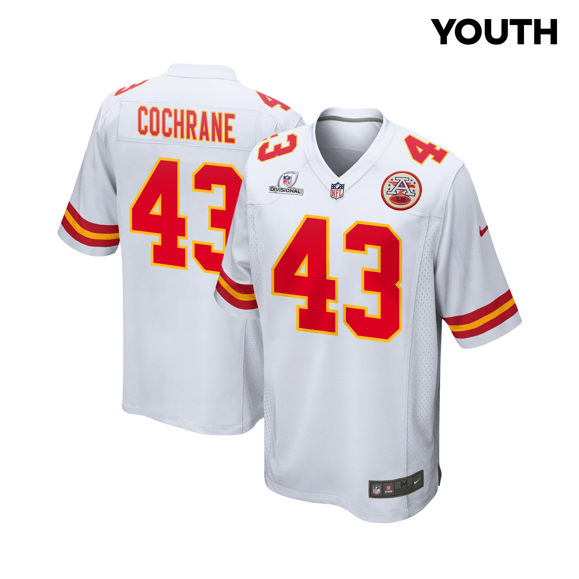 Jack Cochrane 43 Kansas City Chiefs Super Bowl LVIII Patch Game YOUTH Jersey - White JS3429 nicesnker