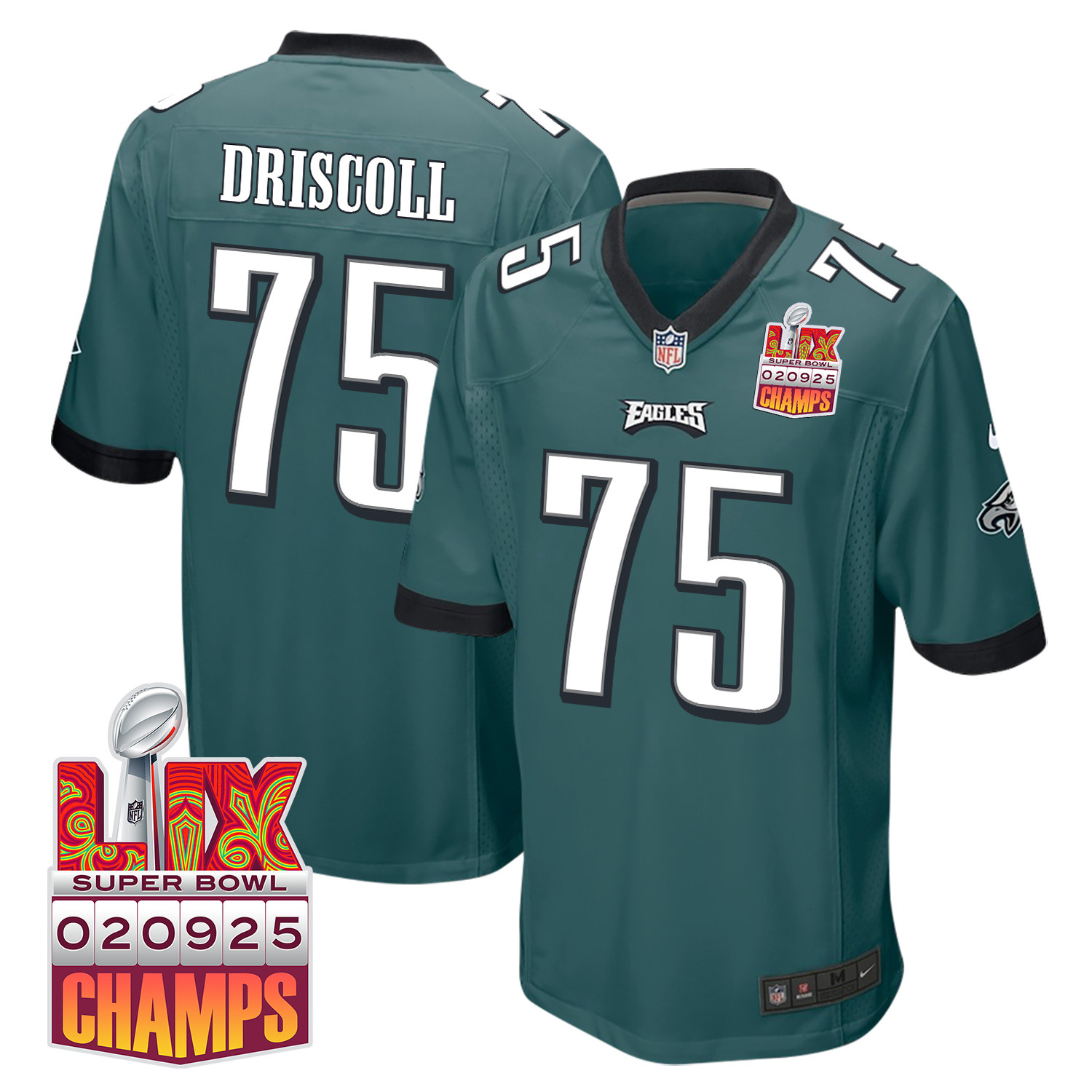 Jack Driscoll 75 Philadelphia Eagles Super Bowl LIX Champions Patch Game Men Jersey - Midnight Green JS4880 nicesnker