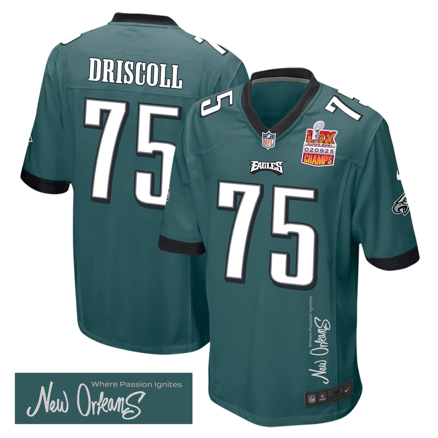 Jack Driscoll 75 Philadelphia Eagles Super Bowl LIX Champions Patch 'New Orleans - Where Passion Ignites' EMBROIDERED Game Men Jersey - Midnight Green JS9436 nicesnker