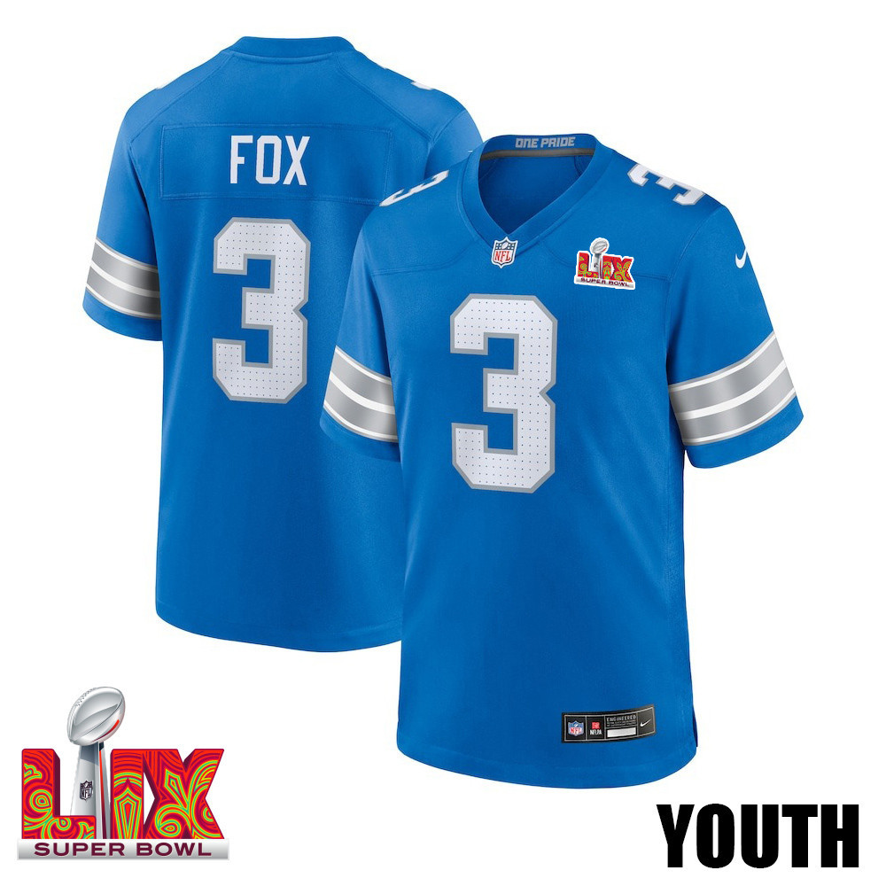 Jack Fox #3 Detroit Lions Super Bowl LIX YOUTH Jersey - Blue JS4215 nicesnker