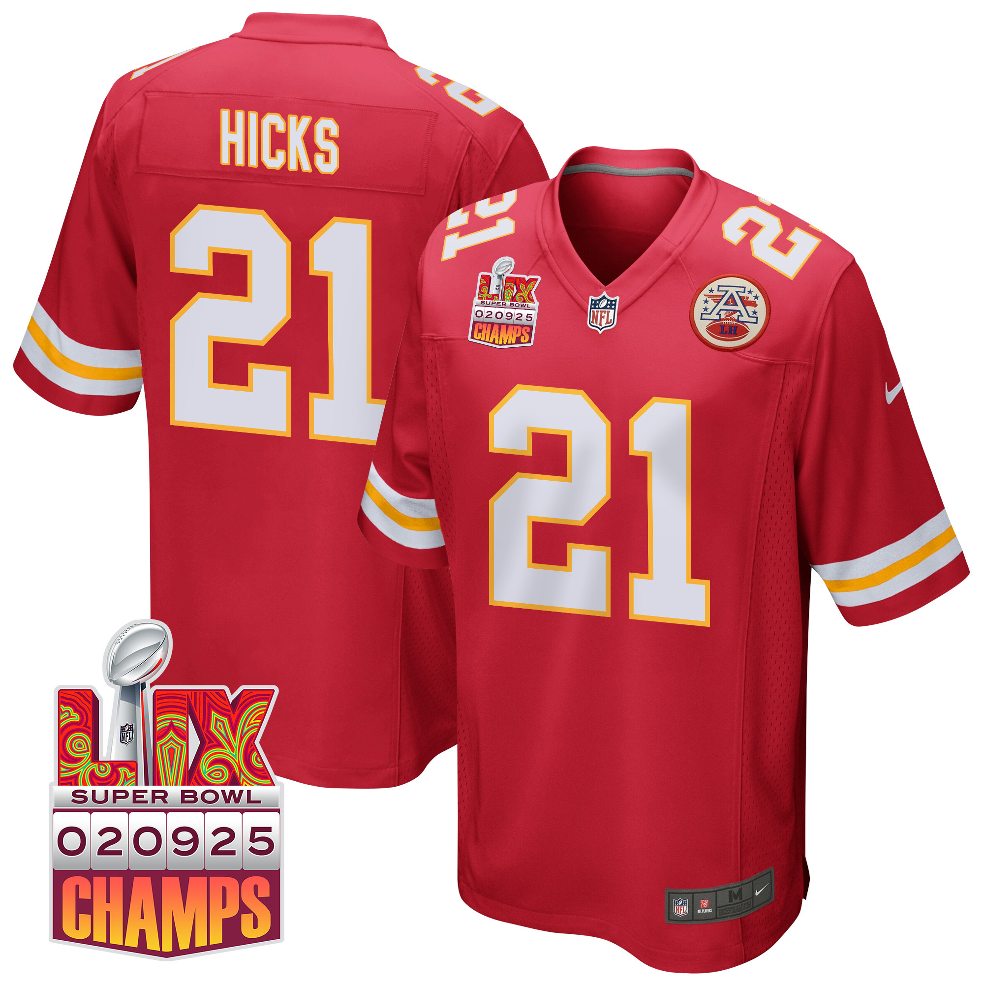 Jaden Hicks 21 Kansas City Chiefs Super Bowl LIX Champions Patch Game Men Jersey - Red JS9988 nicesnker