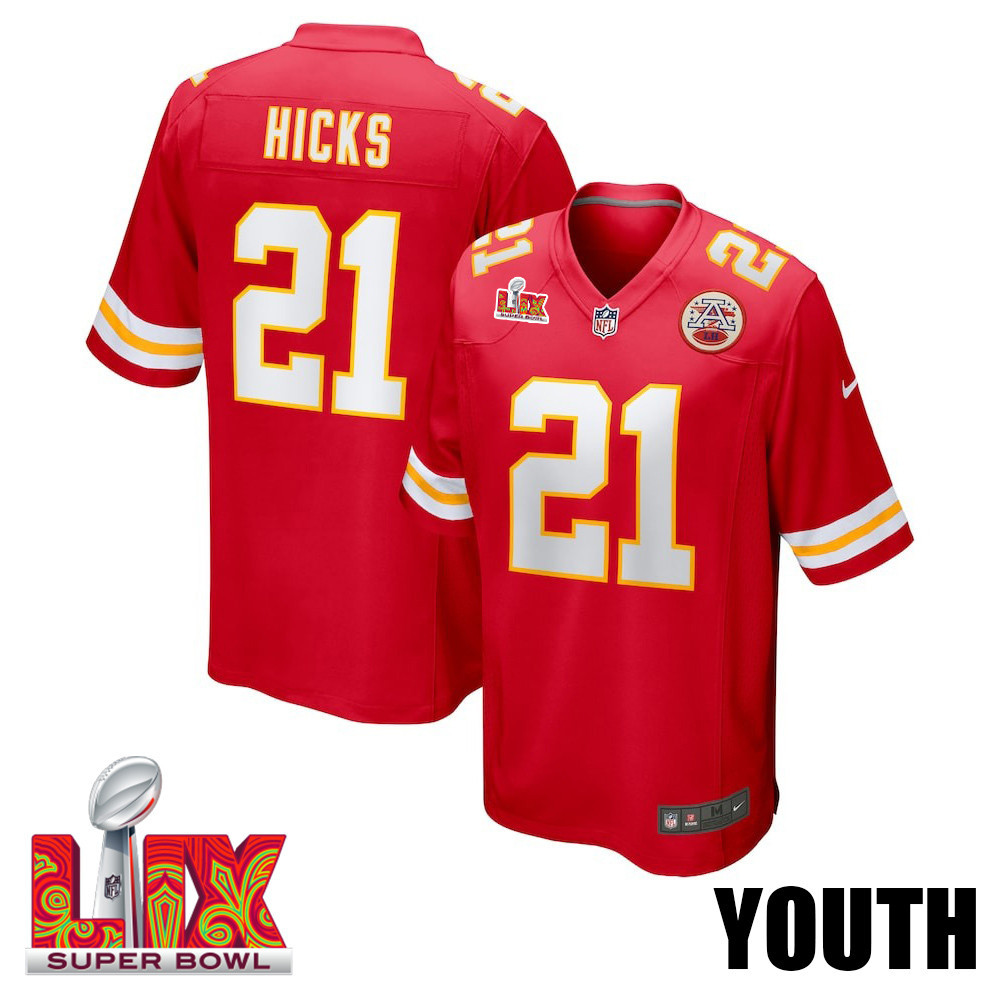 Jaden Hicks #21 Kansas City Chiefs Super Bowl LIX YOUTH Jersey - Red JS6772 nicesnker
