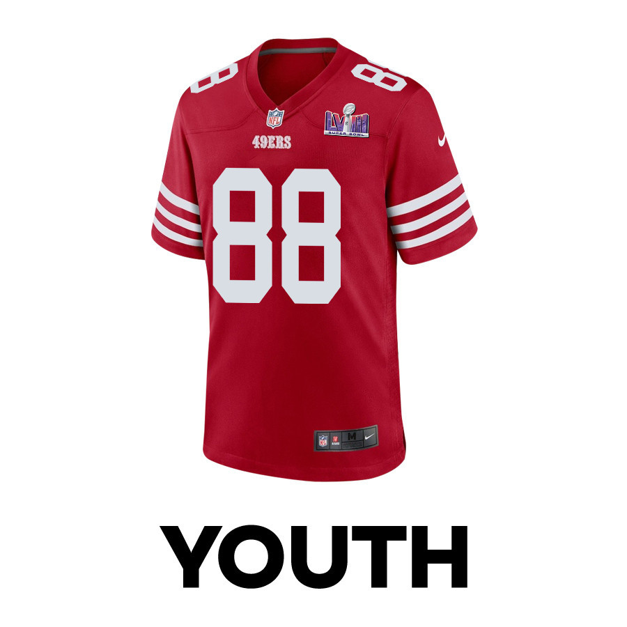 Alternative view of Jake Tonges 88 San Francisco 49ers Super Bowl LVIII Patch Game YOUTH Jersey - Scarlet JS6095 nicesnker