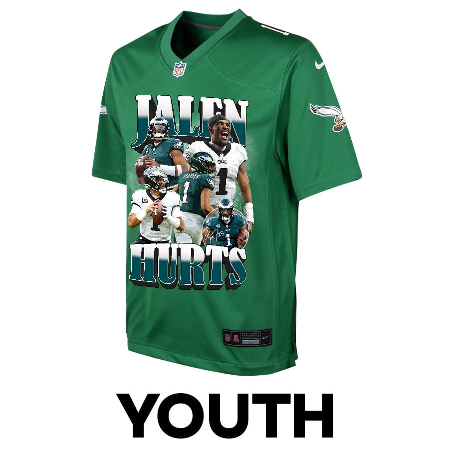 Alternative view of Jalen Hurts 1 Philadelphia Eagles Legacy YOUTH Jersey - Kelly Green JS4415 nicesnker