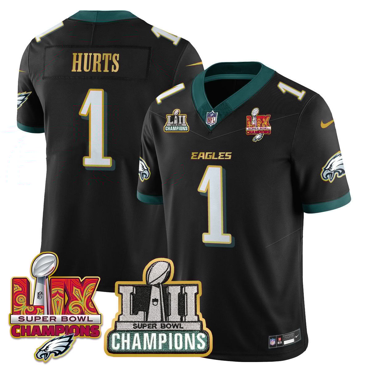 Jalen Hurts 1 Philadelphia Eagles LII-LIX Super Bowl Champions Vapor Limited Gold Jersey - Black JS9132 nicesnker