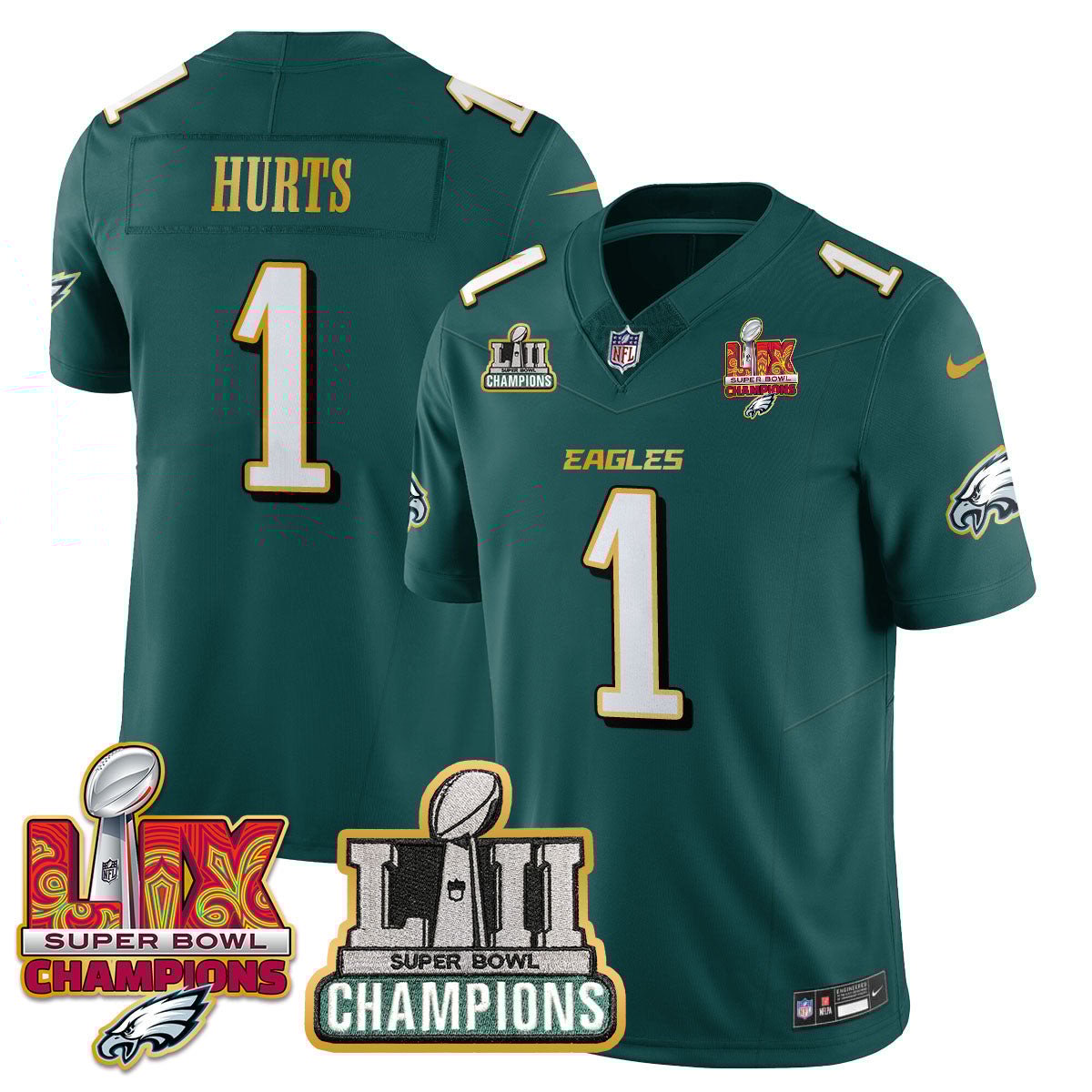 Jalen Hurts 1 Philadelphia Eagles LII-LIX Super Bowl Champions Vapor Limited Gold Jersey - Midnight Green JS4140 nicesnker