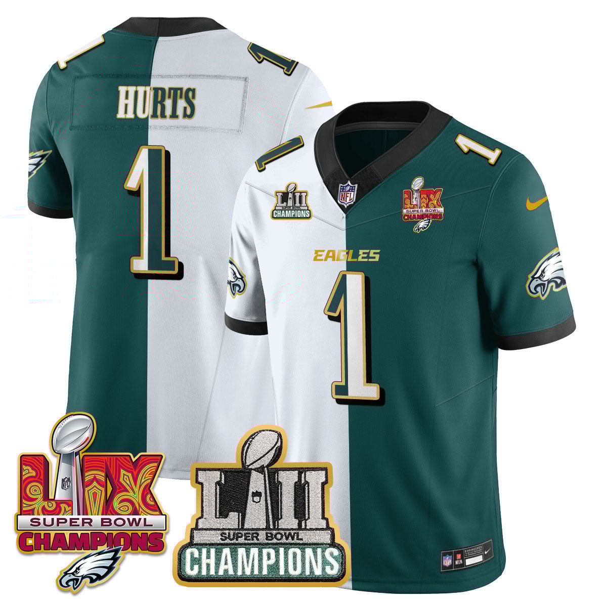 Jalen Hurts 1 Philadelphia Eagles LII-LIX Super Bowl Champions Vapor Limited Gold Jersey - Split JS6960 nicesnker