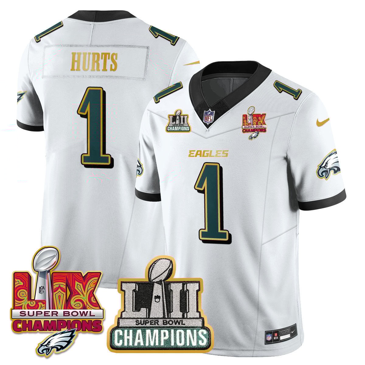 Jalen Hurts 1 Philadelphia Eagles LII-LIX Super Bowl Champions Vapor Limited Gold Jersey - White JS7999 nicesnker