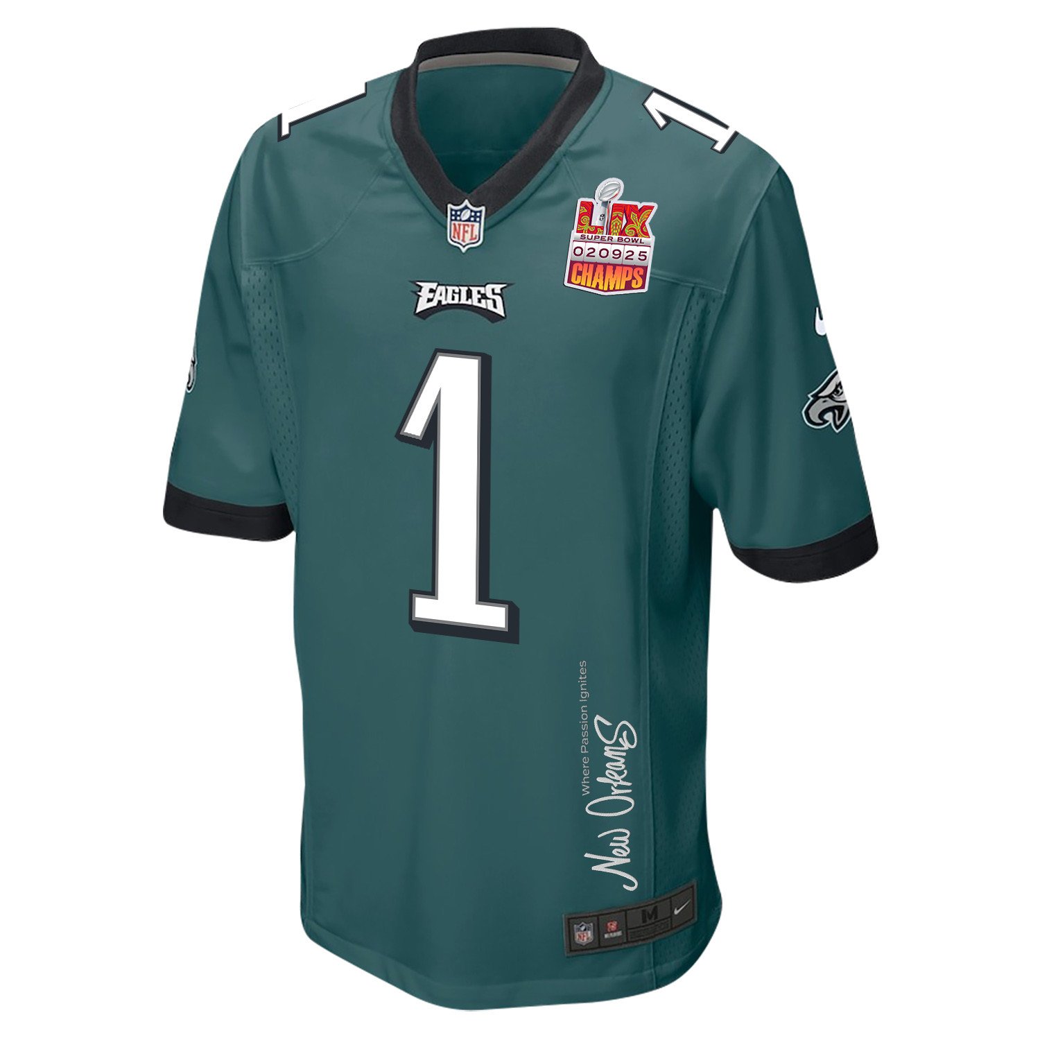 Jalen Hurts 1 Philadelphia Eagles Super Bowl LIX Champions Patch 'New Orleans - Where Passion Ignites' EMBROIDERED Game Men Jersey - Midnight Green JS2512 nicesnker - Image 3
