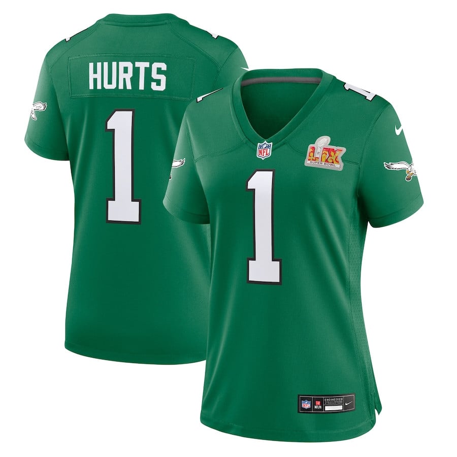 Jalen Hurts 1 Philadelphia Eagles Women's Super Bowl LIX 2nd Alternate Game Jersey - Kelly Green JS4799 nicesnker