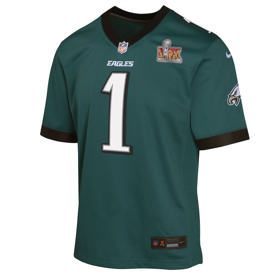 Alternative view of Jalen Hurts 1 Philadelphia Eagles Youth Super Bowl LIX Game Player Jersey - Midnight Green JS7391 nicesnker