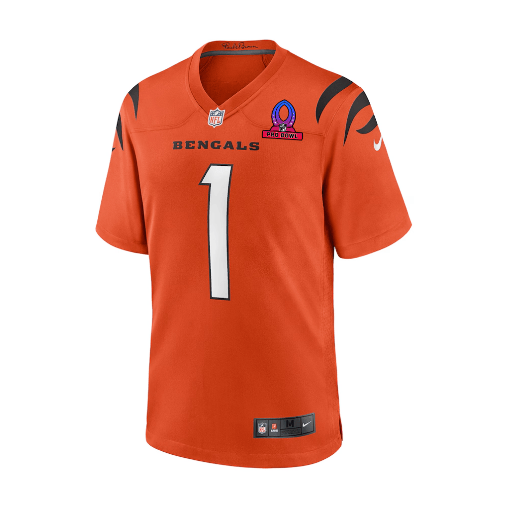 Alternative view of Ja'Marr Chase 1 Cincinnati Bengals 2025 Pro Bowl Patch Game Men Jersey - Orange JS6645 nicesnker