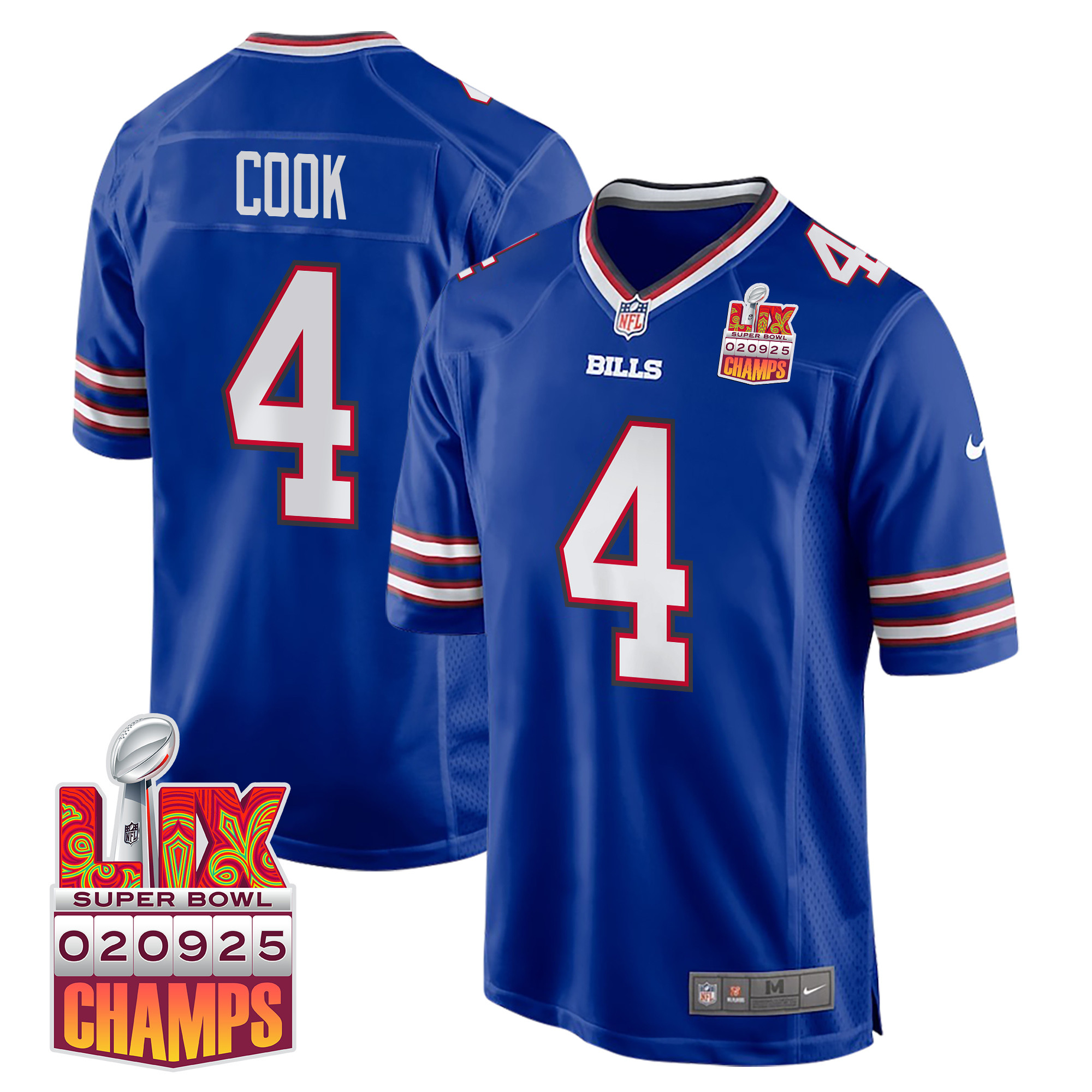 James Cook 4 Buffalo Bills Super Bowl LIX Champions Patch Game Men Jersey - Royal JS8733 nicesnker