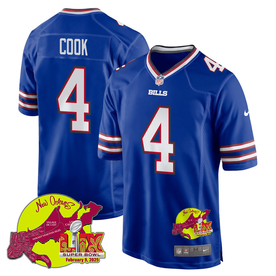 James Cook 4 Buffalo Bills Super Bowl LIX New Orleans Patch Game Men Jersey - Royal JS8021 nicesnker
