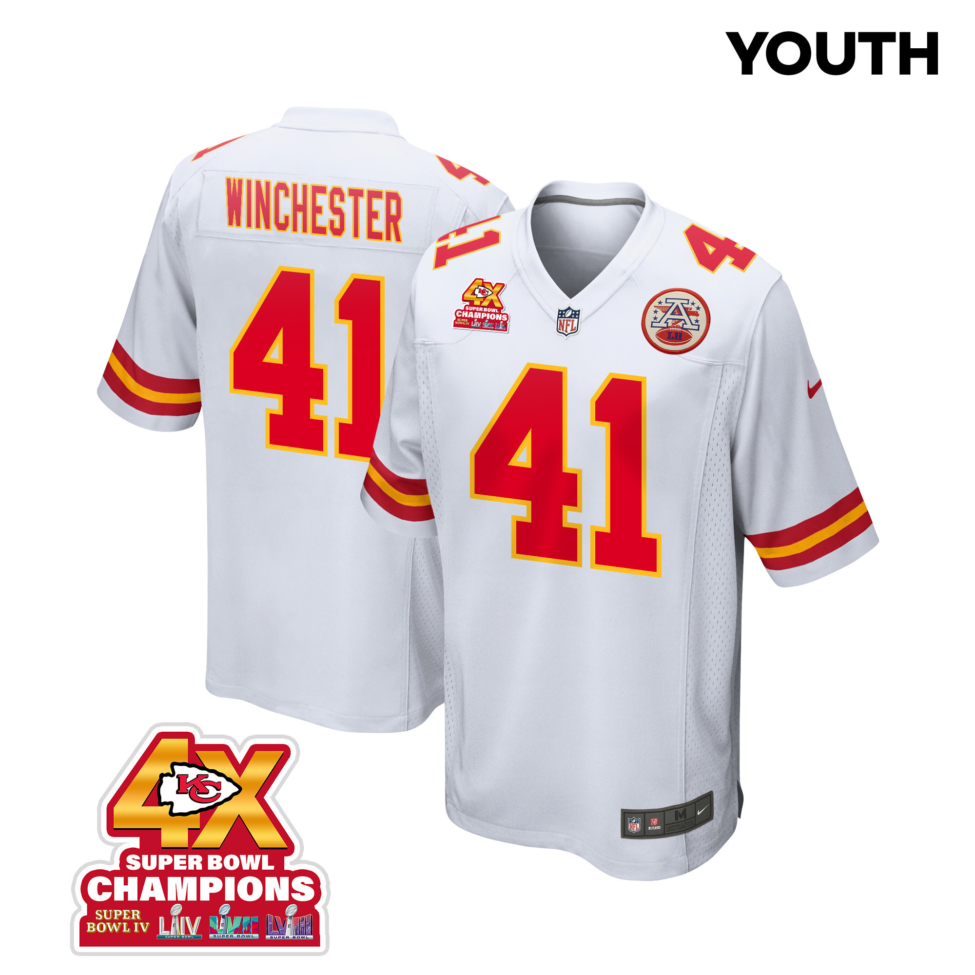 James Winchester 41 Kansas City Chiefs Super Bowl LVIII Champions 4X Game YOUTH Jersey - White JS3755 nicesnker