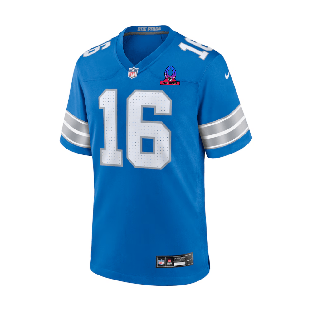 Alternative view of Jared Goff 16 Detroit Lions 2025 Pro Bowl Patch Game Men Jersey - Blue JS9577 nicesnker