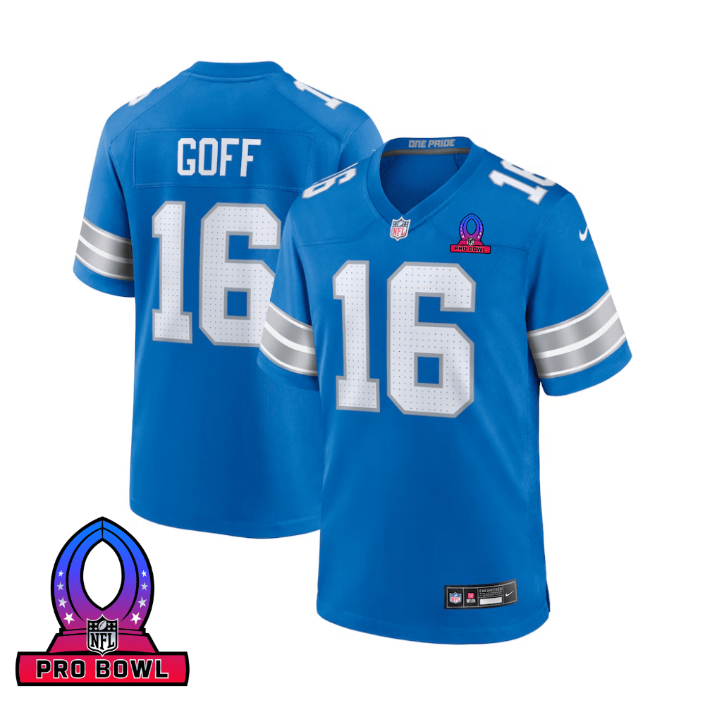 Jared Goff 16 Detroit Lions 2025 Pro Bowl Patch Game Men Jersey - Blue JS9577 nicesnker