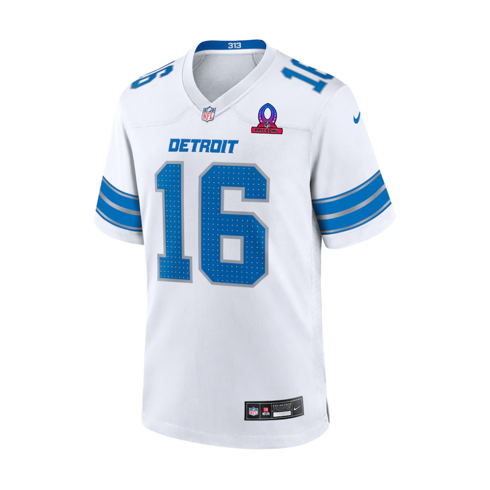 Alternative view of Jared Goff 16 Detroit Lions 2025 Pro Bowl Patch Game Men Jersey - White JS3094 nicesnker